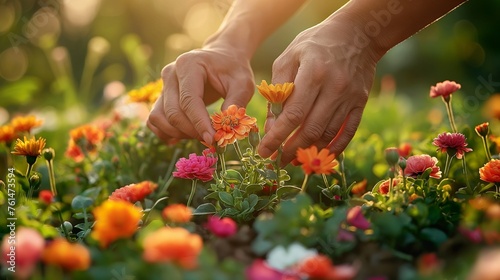 Hands tenderly caring of flowers growing in the soil