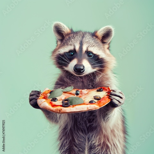 Raccoon holds pizza in its paws on a turquoise background