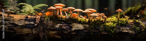 Fungi growing on a decaying log, illustrating the unseen but crucial processes of decomposition and nutrient cycling in forests