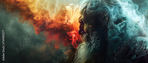Artistic representation of a wise, aged, bearded man with his visage merging into a cosmic cloud, symbolizing wisdom and the universe’s vastness