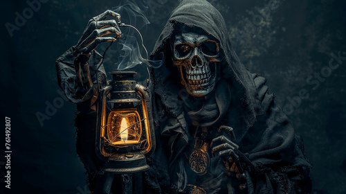  um esqueleto vestido com um casaco longo e um capuz na cabeça segura uma lâmpada de querosene acesa na mão, fundo escuro