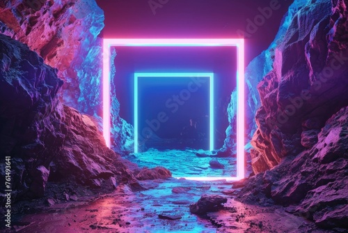 An intriguing neon entrance illuminates a mysterious cave with vibrant blue hues, creating a juxtaposition of the natural and the artificial