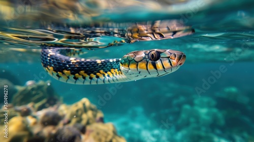 a sea snake swimming on a coral reef.