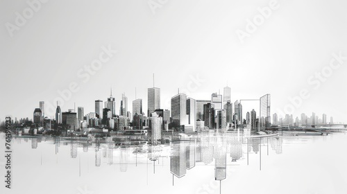 Minimalist black and white pencil sketch of a cityscape
