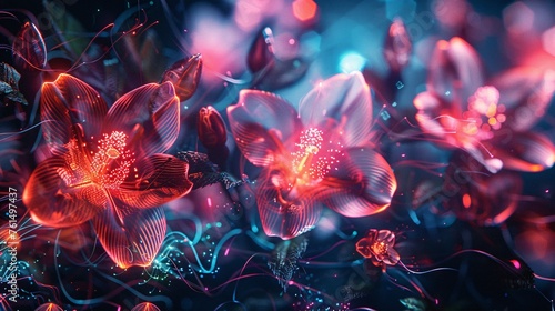 Craft a cyberpunk-inspired image with flowers composed of speakers and sound waves, neon accents, against a black background, blending old tech and vacuum tubes