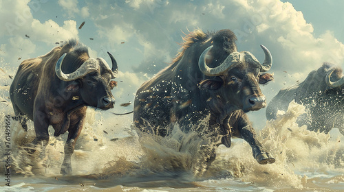 búfalos em rodeio escapando de um tsunami