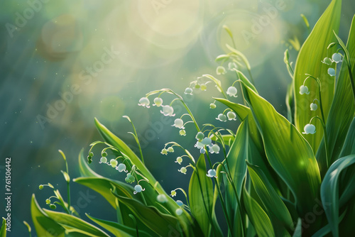 Closeup of lily of the valley flowering in a forest in the morning light.