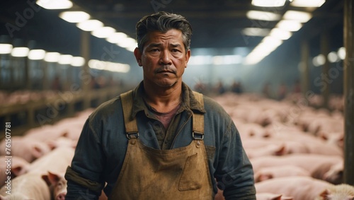 Pig farm worker on free-range pig farm. Workers diligently tend to the swine's welfare in expansive outdoor areas. He carries out feeding, health assessment, and upholding ethical farming practices