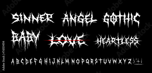 Dark Lettering tattoo vector font type and grunge style Gothic print designs of Sinner, Angel, Gothic, Love, Baby. Y2k Ghotic tattoo font concept for apparel print design. Rock n Roll style lettering
