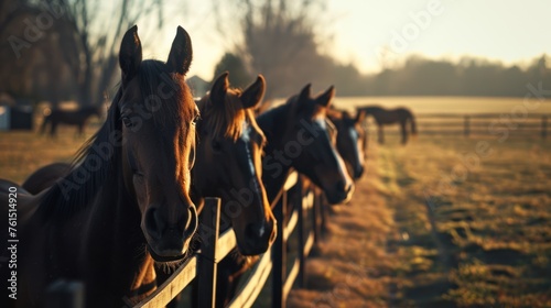 lineup of horses - horses putting their heads together - equestrian group - horses