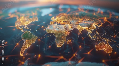 A world map overlaid with interconnected lines symbolizing globalization and interconnected economies. Model aged 25-40, male, representing global business perspective.