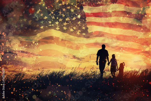 Silhouette of a family against a US flag backdrop on Memorial Day. 