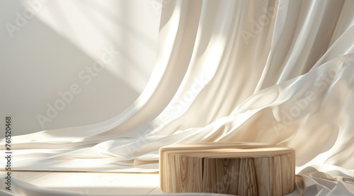 Empty modern round wooden podium side table in soft white blowing drapery curtain drapes in sunlight for luxury cosmetic, skincare, beauty treatment, fashion product display background.