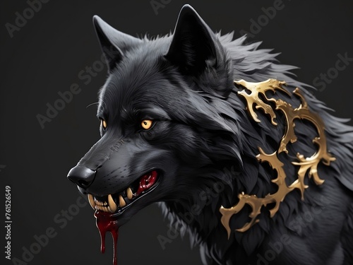 Sticker style, black wolf, full hd, 4k, with gold and blood, avec du sang qui coule de sa bouche, la lettre N en noir et or incruste dans le 