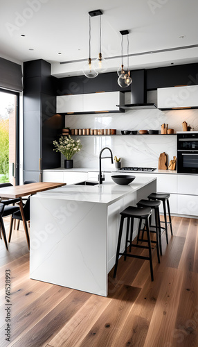 Beautiful new luxury home kitchen interior with kitchen island and wooden floor. Bright, modern, minimalist style. A chic color based on white. Counter seats with chairs.