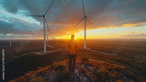 Engineer surveys wind farm from turbine top, dramatic sunset backdrop