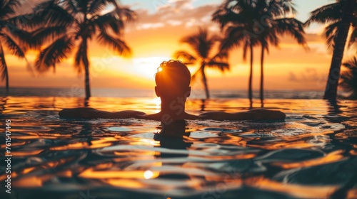 man lying in a pool on his back at sunset on a beautiful paradisiacal beach in high resolution and high quality. vacation concept,beach,man