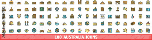 100 australia icons set. Color line set of australia vector icons thin line color flat on white