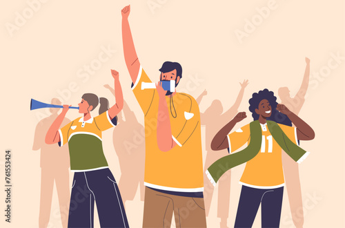 Happy Football Fans Cheering for Team Victory and Success. Male and Female Characters with Funny Attribution and Uniform