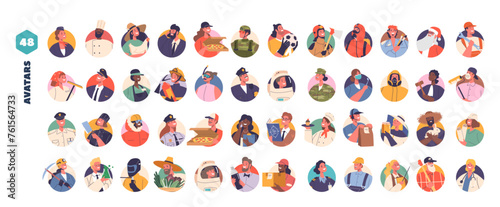 Profession Avatars Set. Round icons Collection of Various Jobs. Air Hostess, Chef, Farmer, Businessman or Courier