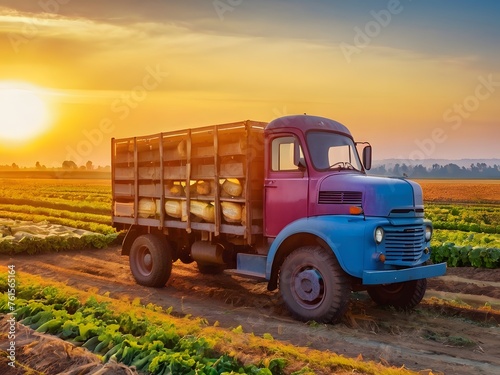 classic blue semi-truck hauls cargo on a sunny country road