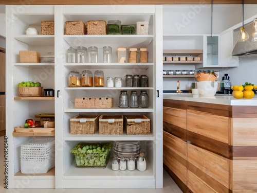 Open wooden cabinet in a bright kitchen reveals colorful jars and containers of food