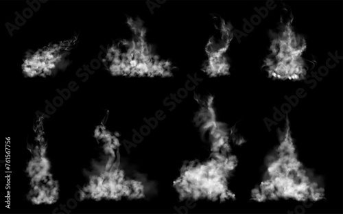 Realistic smoke or steam with swirls and foggy texture. Vector vapor from hot liquid or ground. Powder or condensation, cloudiness from fumes or evaporation of chemicals, odors flow stream