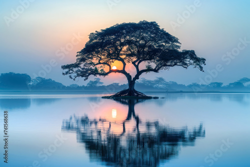 A lone tree in the center of a large lake near sunrise, calm waters, generative ai