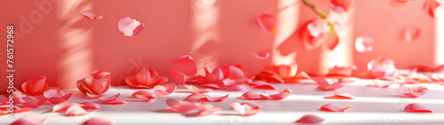 Romantic product display stage with soft pink hues and scattered rose petals, ideal for Valentine's or wedding promotions