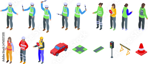 Traffic controller icons set isometric vector. Road policeman. Special officer worker