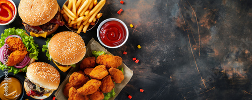 A tantalizing display of fast food favorites, from juicy burgers to crispy chicken tenders and golden fries, served on a rustic dark background