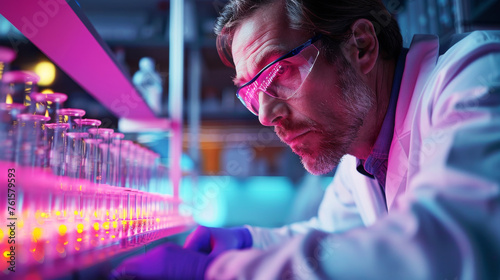 Scientific Inquiry Under Neon Lights. This image captures a scientist's quest for knowledge in a neon-lit lab, a testament to the relentless pursuit of scientific advancement.