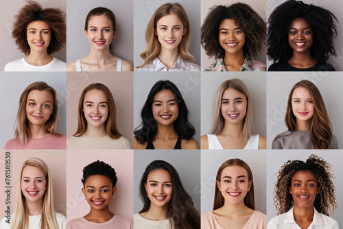 Group of profile picture of multiracial various nationality happy teenager woman. Diversity concept