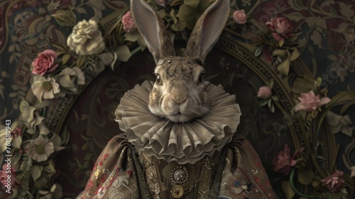 A regal rabbit dressed in elaborate Renaissance attire poses before a backdrop adorned with ornate floral designs, exuding nobility and grandeur.