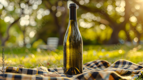 Wine Bottle on Picnic Blanket at Sunset.