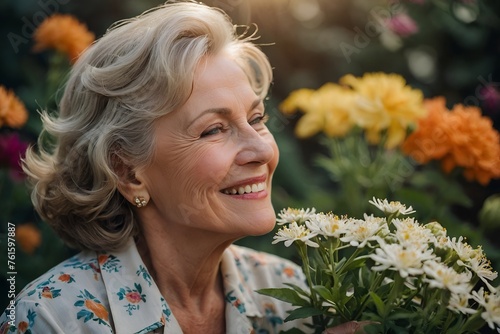 Happy elderly senior woman smiling in the garden. Mature lady smelling the blooming flowers