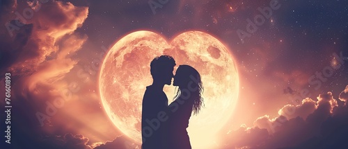 A dramatic silhouette of a couple within a heart shape created by an eclipse