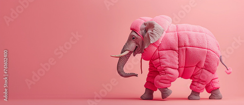 In a minimal world a stylish pink elephant struts in winter attire blending fashion with the chill of the season. Generative ai.