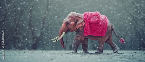 In a minimal world a stylish pink elephant struts in winter attire blending fashion with the chill of the season mid body shot