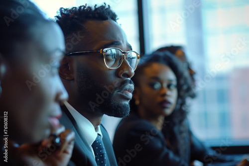 Young black man listening to presentation in group meeting in office
