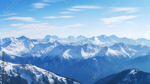 Photograph a snowy mountain range against a clear winter sky, highlighting the grandeur of nature and open space