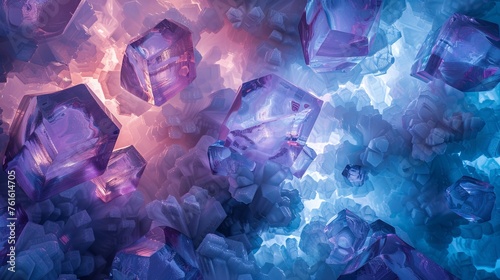 abstract of vivid crystal formations in dazzling purple and blue colors, resembling gems in a fantasy or science fiction setting.