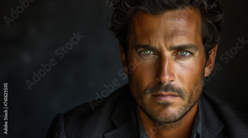 closeup of handsome man with green eyes wearing black suit