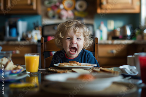 Child being picky about food and crying behind breakfast table, copy space on kitchen background