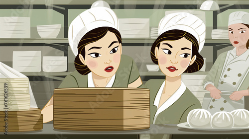 In the kitchen, two Chinese women prepare steam bun dim sum while a supervisor oversees from the sidelines