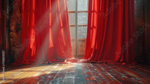 red stage curtains, thick deep red curtains pleated and closed background with wooden floor, high resolution,