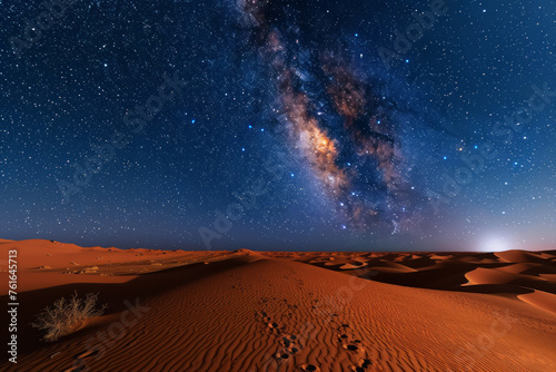 Starry night over desert sands with the Milky Way galaxy rising on the horizon under a clear sky