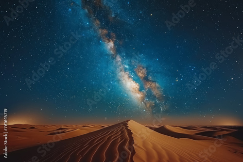 Desert under the night sky with the Milky Way painting the horizon with stars and nebulae