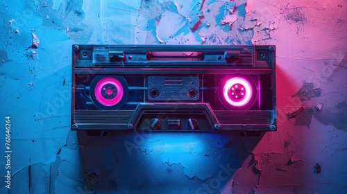 Poster. Contemporary art collage. Modern creative artwork. Vintage audio tape recorder in mixed neon light isolated blue background. Image in old paper style. Concept of youth culture, technology.