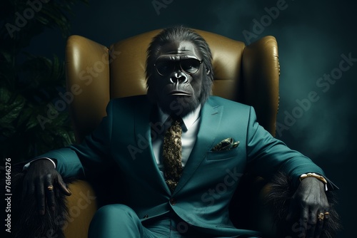 Gorilla in a Suit Sitting in Chair